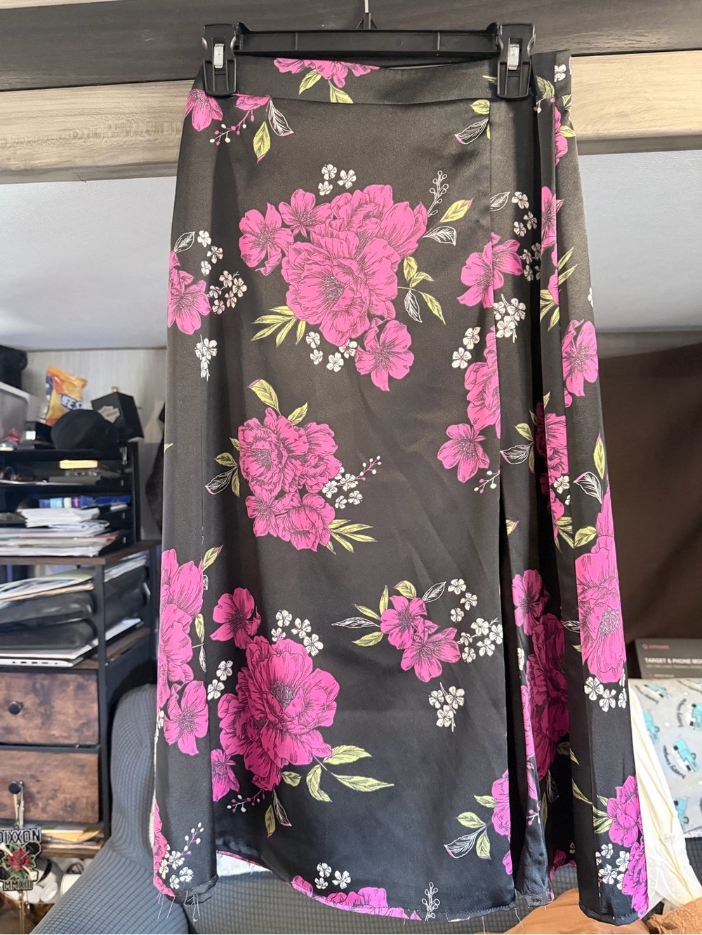 Black Floral Midi Skirt with Pink Blooms